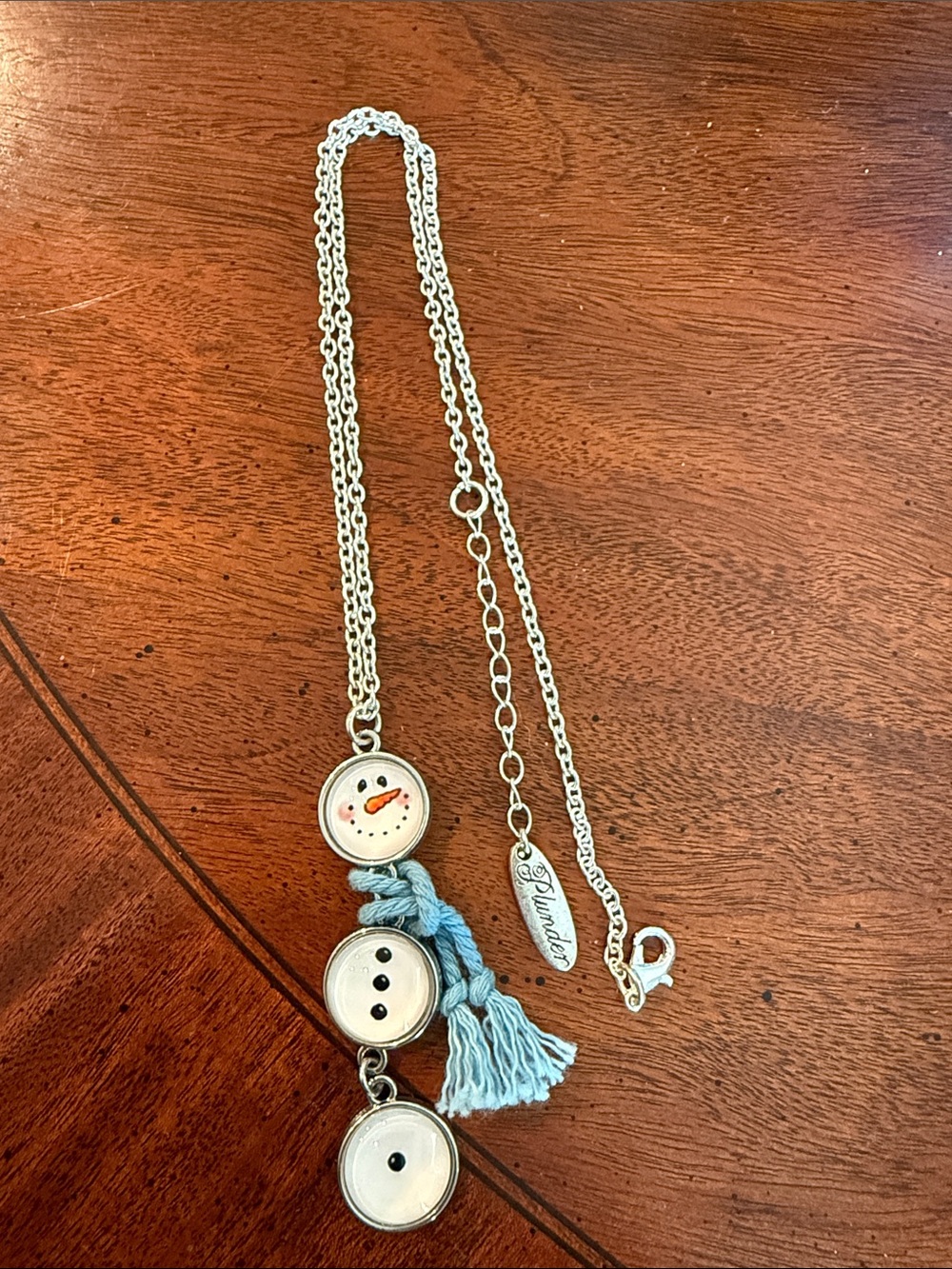 Plunder Silver Snowman  Button Pendant Necklace with Light Blue Tassel 19” chain